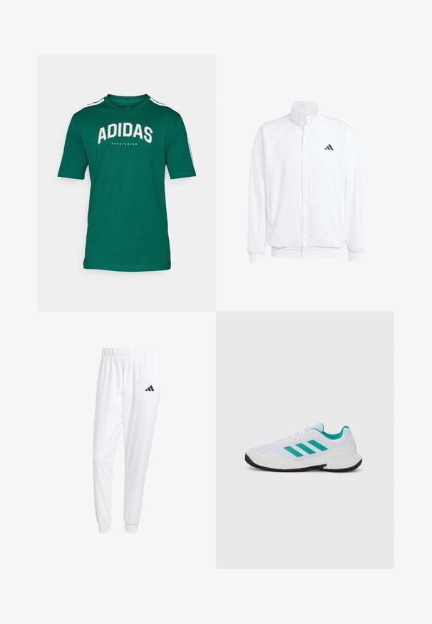 Bijela lagana jakna s visokim ovratnikom, prednjim zatvaračem, bočnim džepovima i crnim Adidas logom na lijevoj sisi. Mekana tekstura.; Zelena Adidas majica s rundastim izrezom, kratkim rukavima i bijelim horizontalnim prugama na ramenima. Na prednjoj strani ispisano "ADIDAS SPORTSWEAR".; Bijele atletske hlače od glatkog materijala, sa elastičnom vrpcom u struku i pripijenim manžetama, sa crnim logom na stražnjem džepu.; Bijela atletska cipela s tirkiznim akcentima, mrežastim gornjim dijelom, tri paralelne pruge sa strane, strukturiranim petnim dijelom i crnim gumenenim potplatom.