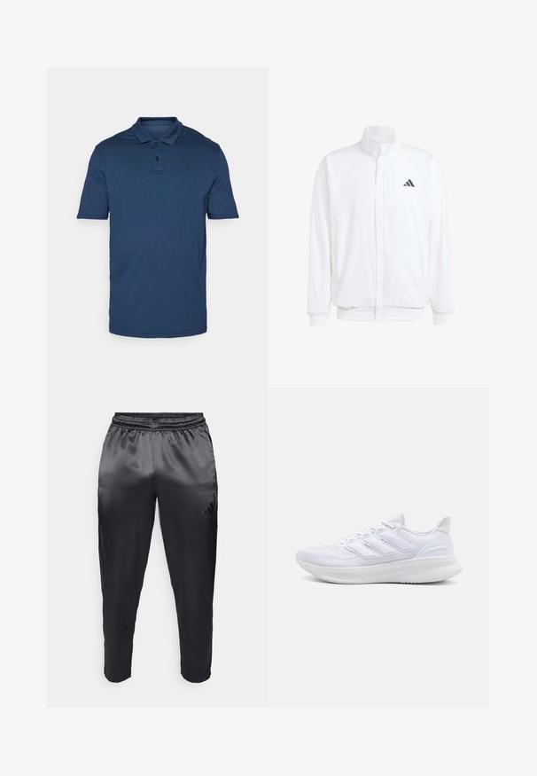 Chaqueta ligera blanca con cuello alzado, cierre frontal con cremallera, bolsillos laterales y un logo negro de Adidas en el lado izquierdo del pecho. Textura suave.; Camisa polo de manga corta en azul marino hecha de una tela suave; cuenta con un cuello clásico, tapeta de tres botones y un sutil detalle de costura.; Pantalones deportivos negros hechos de una tela suave y liviana con una cintura elástica. Presentan un pequeño logo en el lado izquierdo y piernas ajustadas.; Zapatillas deportivas blancas con una parte superior de malla texturizada, suela acolchada y soporte, y un diseño de tres rayas en el lateral.