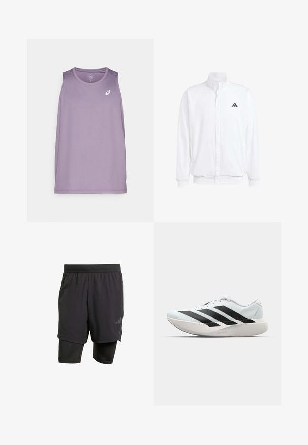 White lightweight jacket featuring a stand collar, front zipper closure, side pockets, and a black Adidas logo on the left chest. Soft texture.; Purple athletic tank top with a round neckline and no sleeves. Features a small white logo on the chest. Made of lightweight fabric.; Black athletic shorts with integrated inner layer, made from breathable fabric. Features subtle logo and structured texture. Adjustable waistband.; Lightweight running shoes in pale blue with black stripes. Features a smooth upper, round toe, and thick white midsole labeled "LIGHTSTRIKE PRO."