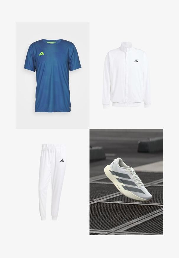 Valge kerge jakk, millel on seisev krae, ees lukuga kinnitus, küljetaskud ja must Adidas logo vasakul rinnal. Pehme tekstuur.; Sinine sporditee, mis on valmistatud kergest kangast, ümmarguse kaeluse, lühikeste varrukate ning vasakul rinnal rohelise aktsentlogoga.; Valged sportpüksid, mis on valmistatud siledast kangast, omavad elastset vöökohta ja kitsaid mansette, tagakoti peal on must logo.; Valge sportlik jalanõu tekstureeritud võrgus ülaosaga, hallide triipude ja pehmendusega tallaga. Kerge disain, sobib jooksmiseks.