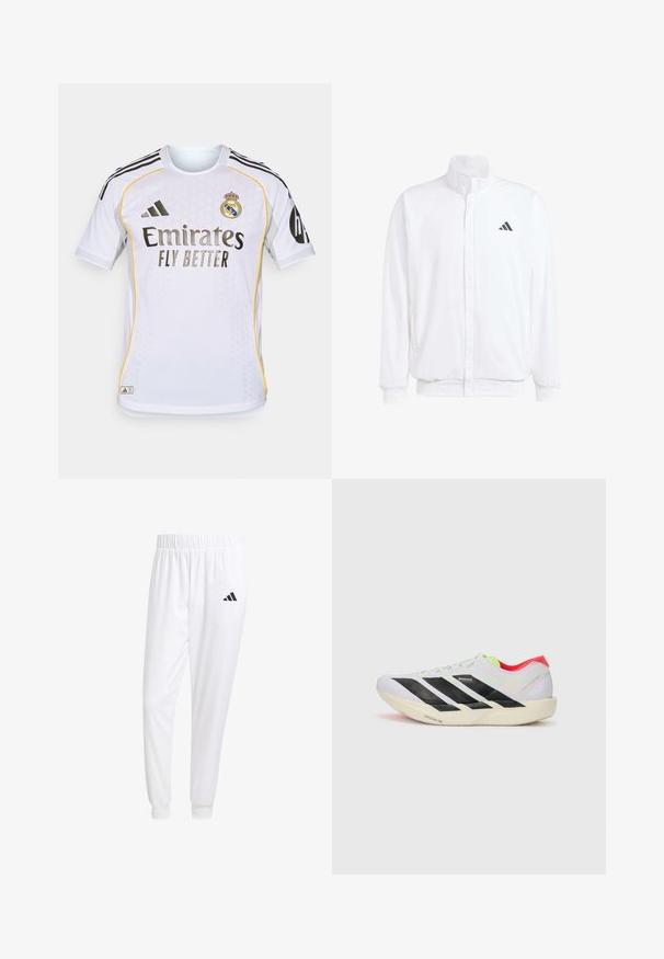 Hvid letvægtsjakke med en ståkrave, frontlynlås, sidelommer og et sort Adidas-logo på venstre bryst. Blød tekstur.; Hvid fodboldtrøje med korte ærmer, der har sorte og gule detaljer, rund hals og struktureret stof. Viser holdlogo og sponsorens navn.; Hvide sportsbukser lavet af glat stof, med elastisk talje og tætsiddende manchetter, og med et sort logo på baglommen.; Hvid løbesko med sorte striber, neon grønne detaljer og en rød hæl. Har et let design og en struktureret sål for bedre greb.