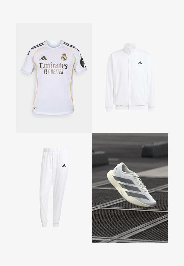 Vit lättviktsjacka med ståkrage, framdragkedja, sidofickor och en svart Adidas-logotyp på vänster bröst. Mjuk textur.; Vit fotbollströja med korta ärmar, med svarta och gula accenter, rund hals och textil med struktur. Visar lagets logotyp och sponsorens namn.; Vita atletiska byxor gjorda av slät tyg, med resårmidja och åtsittande manschetter, samt en svart logotyp på bakfickan.; Vitt sportskor med texturerat mesh-överdel, med grå ränder och en dämpad sula. Lätt design som passar för löpning.