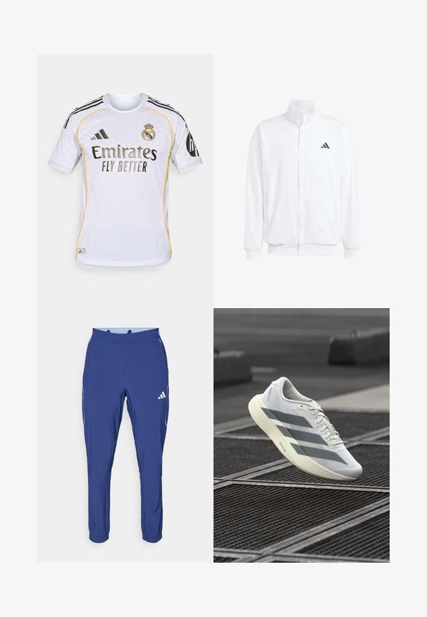 Jachetă albă ușoară, cu guler în picioare, închidere cu fermoar în față, buzunare laterale și un logo Adidas negru pe pieptul stâng. Textură moale.; Tricou de fotbal alb cu mâneci scurte, cu accente negre și galbene, guler rotund și țesătură texturată. Afișează logo-ul echipei și numele sponsorului.; adidas Performance TECH APP - Pantaloni de trening - dark blue/glow blue; Pantof sportiv alb cu partea superioară din plasă texturată, cu dungi gri și talpă amortizantă. Design ușor, potrivit pentru alergare.