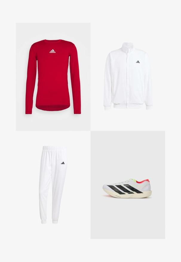 White lightweight jacket featuring a stand collar, front zipper closure, side pockets, and a black Adidas logo on the left chest. Soft texture.; Red long-sleeve athletic shirt made of stretch fabric, featuring a round neck and a white Adidas logo on the upper front. Smooth texture.; White athletic pants made of smooth fabric, featuring an elastic waistband and fitted cuffs, with a black logo on the back pocket.; White running shoe with black stripes, neon green accents, and a red heel. Features a lightweight design and textured sole for grip.
