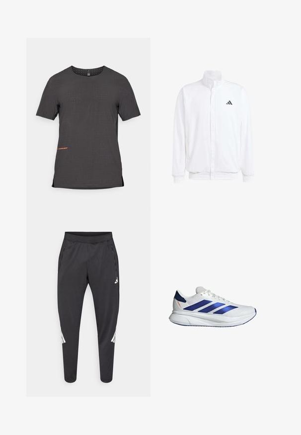 White lightweight jacket featuring a stand collar, front zipper closure, side pockets, and a black Adidas logo on the left chest. Soft texture.; Short-sleeve, black athletic t-shirt with perforated pattern, side slits, and orange logo detail at the hem. Smooth, lightweight fabric.; Black athletic pants with tapered legs, elastic waistband, side pockets, and white logo and stripes detailing. Made from a smooth, lightweight material.; White athletic shoes with blue accents, mesh upper, three blue stripes, rounded toe, lightweight sole, and textured surface for grip.