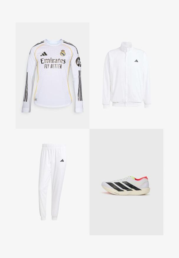 Biela ľahká bunda so stojáčikovým golierom, predným zipsom, bočnými vreckami a čiernym logom Adidas na ľavej hrudi. Mäkčená štruktúra.; Biele dlhé rukávy futbalového dresu s čiernymi pruhmi, logo Adidas a erb Real Madrid. Na prednej strane je výrazne zobrazený nápis "Emirates Fly Better".; Biele športové nohavice z hladkej tkaniny, s elastickým pásom a priliehavými manžetami, s čiernym logom na zadnej vrecku.; Biele behacie topánky s čiernymi pruhmi, neonovo zelenými akcentmi a červeným podpätkom. Majú ľahkú konštrukciu a textúrovanú podrážku pre lepšiu trakciu.