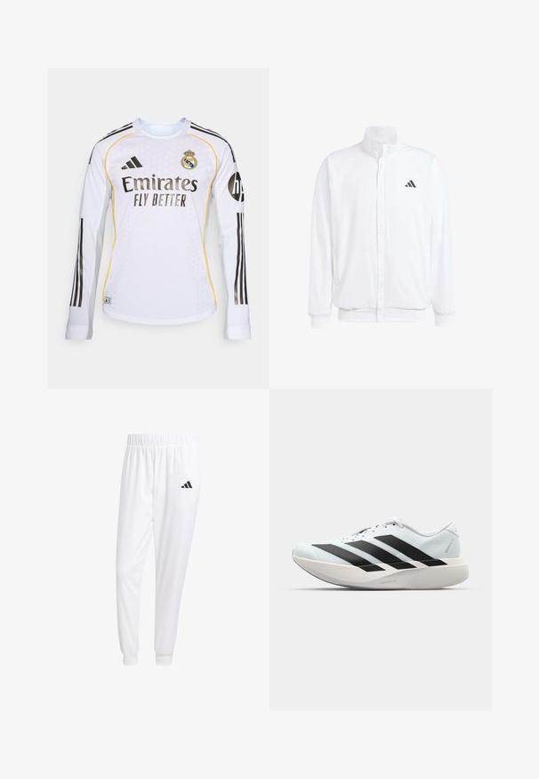 Hvid letvægtsjakke med en ståkrave, frontlynlås, sidelommer og et sort Adidas-logo på venstre bryst. Blød tekstur.; Hvid langærmet fodboldtrøje med sorte striber, Adidas-logo og Real Madrid's klubmærke. "Emirates Fly Better" præsenteres tydeligt.; Hvide sportsbukser lavet af glat stof, med elastisk talje og tætsiddende manchetter, og med et sort logo på baglommen.; Letvægtige løbesko i lys blå med sorte striber. Har en glat overdel, rund tå og tyk hvid mellemsål mærket "LIGHTSTRIKE PRO."