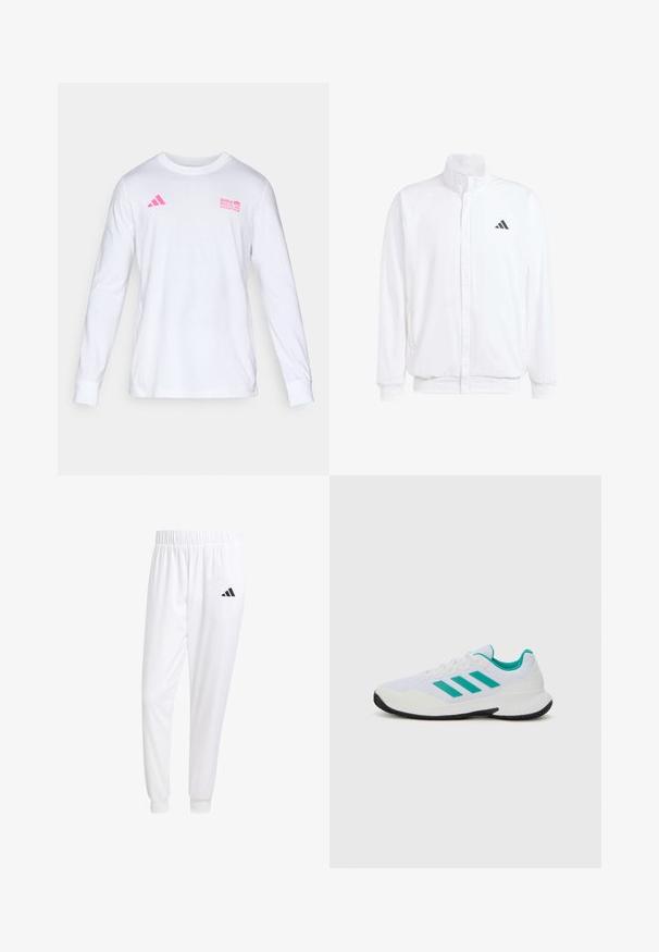 Fehér, könnyű dzseki, álló gallérral, elülső cipzáros záródással, oldalsó zsebekkel és fekete Adidas logóval a bal mellen. Puha tapintású.; Fehér, hosszú ujjú, kerek nyakú póló rózsaszín Adidas logóval és BMW Berlin Marathon felirattal a mellkasán.; Fehér sportnadrág sima anyagból, rugalmas derékpánttal és szűkített bokákkal, a hátsó zsebében fekete logóval.; Fehér sportcipő türkiz kiegészítőkkel, hálós felsőrész, három párhuzamos csík az oldalon, strukturált sarok és fekete gumitalp.