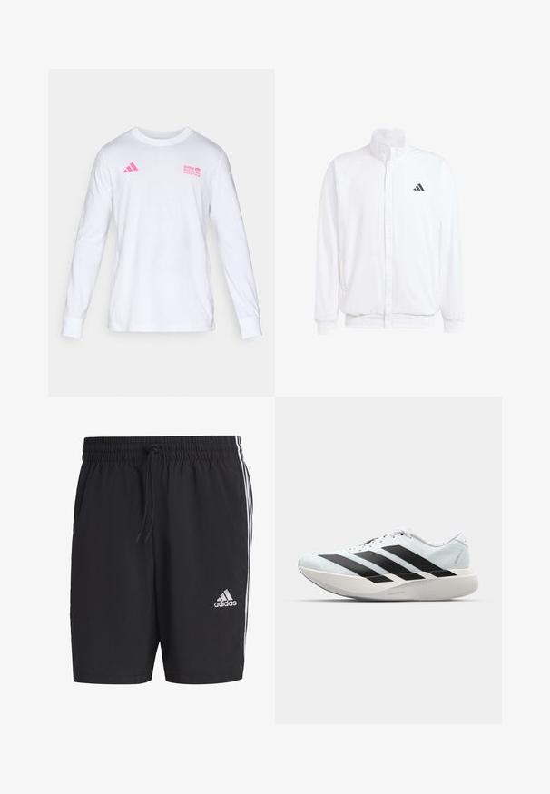 Chaqueta ligera blanca con cuello alzado, cierre frontal con cremallera, bolsillos laterales y un logo negro de Adidas en el lado izquierdo del pecho. Textura suave.; Camiseta blanca de manga larga con cuello redondo, con el logo rosa de Adidas y el texto del Maratón de Berlín de BMW en el pecho.; Bermudas deportivas negras de tela ligera, con cintura ajustable con cordón, franjas laterales y un logo blanco en la parte inferior izquierda delantera.; Zapatillas de running ligeras en azul pálido con rayas negras. Presentan una parte superior suave, puntera redonda y una gruesa mediasuela blanca etiquetada como "LIGHTSTRIKE PRO".
