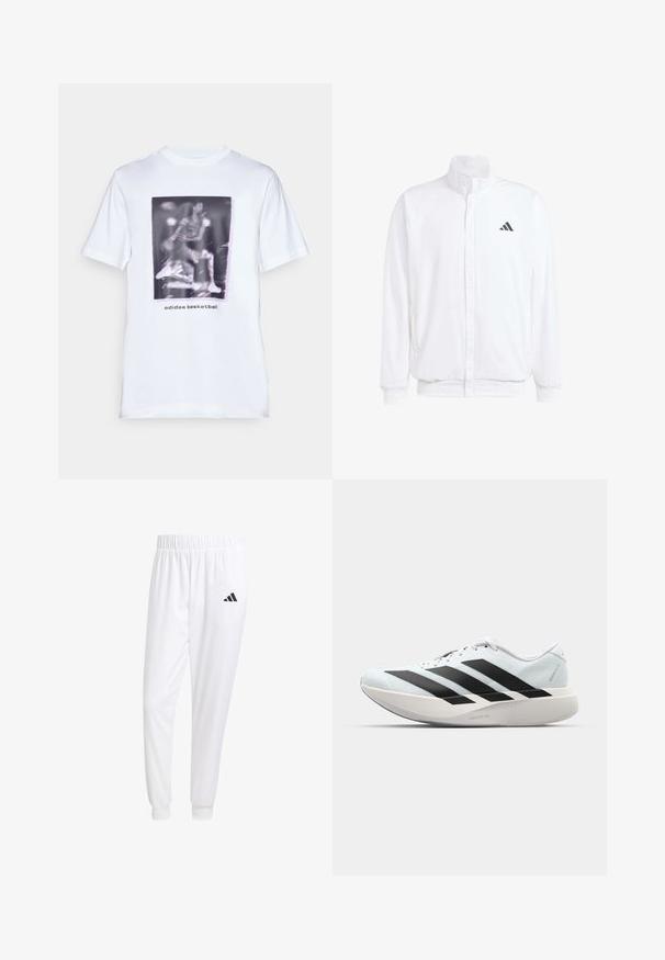 Hvid letvægtsjakke med en ståkrave, frontlynlås, sidelommer og et sort Adidas-logo på venstre bryst. Blød tekstur.; Hvid bomulds t-shirt med et grafisk print af en basketballspiller og teksten "adidas basketball" under billedet. Korte ærmer og rund halsudskæring.; Hvide sportsbukser lavet af glat stof, med elastisk talje og tætsiddende manchetter, og med et sort logo på baglommen.; Letvægtige løbesko i lys blå med sorte striber. Har en glat overdel, rund tå og tyk hvid mellemsål mærket "LIGHTSTRIKE PRO."