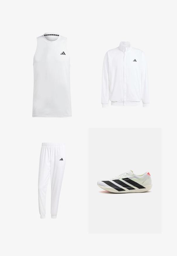 Hvid letvægtsjakke med en ståkrave, frontlynlås, sidelommer og et sort Adidas-logo på venstre bryst. Blød tekstur.; Hvid ærmeløs atletik tanktop lavet af glat stof. Har et sort logo på venstre bryst og en mønstret sort halsudskæring.; Hvide sportsbukser lavet af glat stof, med elastisk talje og tætsiddende manchetter, og med et sort logo på baglommen.; Hvide atletik sko med sorte diagonale striber, letvægts mesh materiale, grønne accenter og rød hælflap; har et slankt, forlænget design.