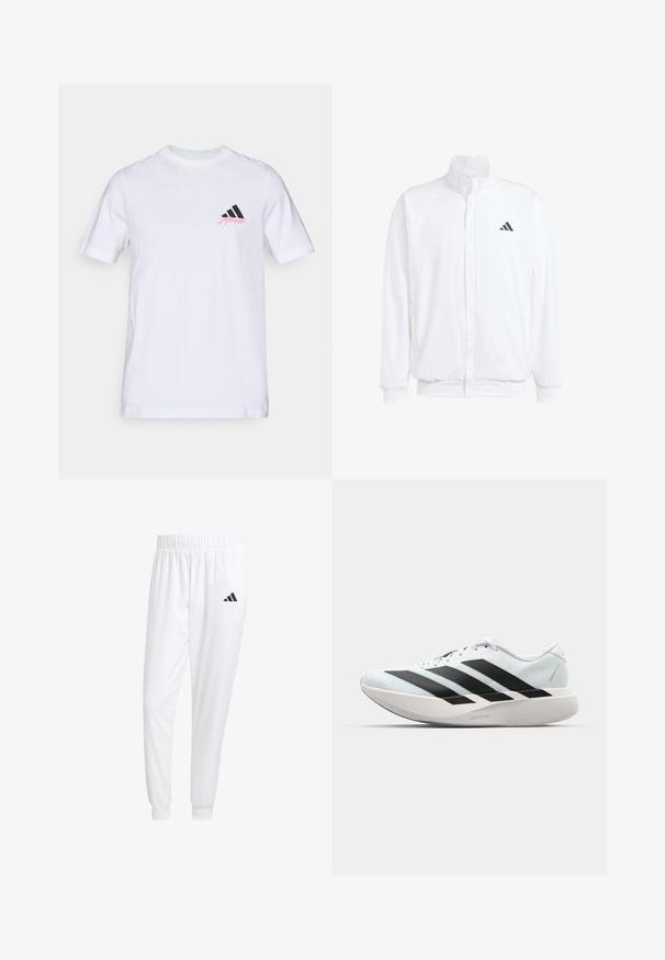 Valkoinen kevyt takki, jossa on pystysuora kaulus, etuvetoketju, sivutaskut ja musta Adidas-logo vasemmassa rinnassa. Pehmeä rakenne.; Valkoinen puuvillapaita, jossa on musta kolmioviivainen logo ja "Merkel" vaaleanpunaisena vasemmassa rinnassa. Klassinen pyöreä kaula-aukko ja lyhyet hihat.; Valkoiset urheiluhousut, jotka on valmistettu sileästä kankaasta, jossa on joustava vyötärö ja istuvat hihat, ja joissa on musta logo takataskussa.; Kevyt juoksukengät vaaleansinisinä mustilla raidoilla. Ominaisuuksiin kuuluu sileä pinta, pyöreä kärki ja paksu valkoinen välipohja, joka on merkitty "LIGHTSTRIKE PRO".