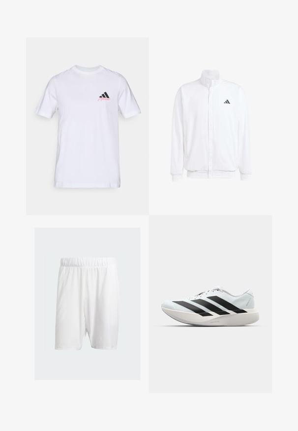 Bela lahka jakna s stojčnim ovratnikom, sprednjim zadrgo, stranskimi žepi in črnimi Adidasovimi logotipi na levem prsnem delu. Mehak material.; Bela bombažna majica s črnim logotipom s tremi črtami in 'Merkel' v roza barvi na levem prsnem delu. Klasičen okrogli ovratnik in kratki rokavi.; Beli atletski kratki hlače iz lahkega materiala, z elastičnim pasom, gladko teksturo in dolžino do kolen.; Lahki tekaški čevlji v svetlo modri barvi z belimi črtami. Imajo gladek zgornji del, okroglo kapico in debel bel srednji podplat z označbo "LIGHTSTRIKE PRO."