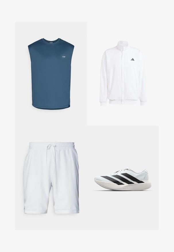 Casaco leve branco com colarinho alto, fecho frontal com zipper, bolsos laterais e um logótipo preto da Adidas no peito esquerdo. Textura suave.; Top atlético sem mangas em azul-escuro, feito de um tecido texturizado. Apresenta um decote redondo e um pequeno logotipo na parte da frente.; Calções atléticos brancos com um cós elástico e cordão ajustável. Tecido suave com uma textura subtil, apresentando bolso laterais.; Tênis de corrida leves em azul pálido com riscas pretas. Apresentam um cabedal liso, bico redondo e uma entressola espessa branca rotulada como "LIGHTSTRIKE PRO."