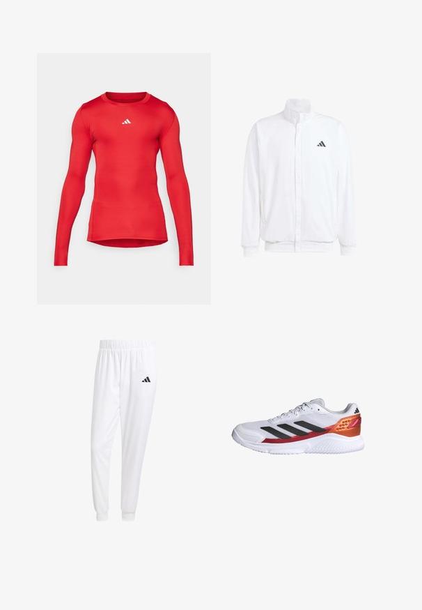 Bela lahka jakna s stojčnim ovratnikom, sprednjim zadrgo, stranskimi žepi in črnimi Adidasovimi logotipi na levem prsnem delu. Mehak material.; Rdeča športna majica z dolgimi rokavi iz gladkega, raztegljivega materiala; oprijet kroj; ima majhen bel logotip blizu ovratnika.; Bele atletske hlače iz gladkega materiala, z elastičnim pasom in prilagojenimi manšetami, na zadnjem žepu pa je črna logo.; Bela športna obutev s črnimi črtami, teksturiranim mrežastim zgornjim delom, rdeče-oranžnim poudarkom na peti in belim gumijastim podplatom.