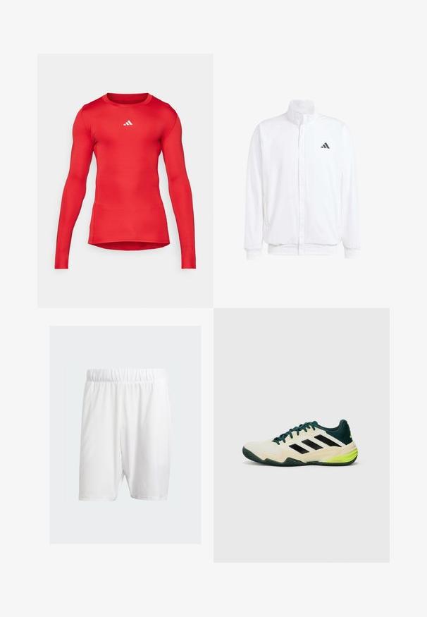 Hvid letvægtsjakke med en ståkrave, frontlynlås, sidelommer og et sort Adidas-logo på venstre bryst. Blød tekstur.; Rød langærmet træningsskjorte lavet af glat, strækbart stof; tætsiddende design; har et lille hvidt logo nær halsudskæringen.; Hvide sportshorts lavet af letvægtsstof, med elastisk talje, glat tekstur og knælængde.; Tennis sko med en cremefarvet overdel, sorte striber, grønne detaljer og en struktureret gummisål for greb. Fremstillet af syntetiske materialer.