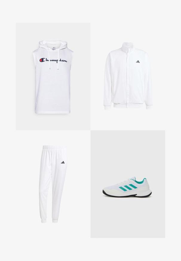 Λευκό ελαφρύ μπουφάν με όρθιο γιακά, φερμουάρ μπροστά, πλαϊνές τσέπες και μαύρο λογότυπο Adidas στο αριστερό στήθος. Μαλακή υφή.; Λευκό αμάνικο hoodie φτιαγμένο από μαλακό ύφασμα. Διαθέτει μπροστινή τσέπη καγκουρό και ένα λογότυπο "Champion" σε μαύρο και κόκκινο χρώμα στο στήθος.; Λευκά αθλητικά παντελόνια από λείο ύφασμα, με ελαστική μέση και εφαρμοστά μανίκια, που διαθέτουν ένα μαύρο λογότυπο στην πίσω τσέπη.; Λευκό αθλητικό παπούτσι με τιρκουάζ λεπτομέρειες, διχτυωτό επάνω μέρος, τρεις παράλληλες ρίγες στο πλάι, δομημένη φτέρνα και μαύρη καουτσούκ σόλα.