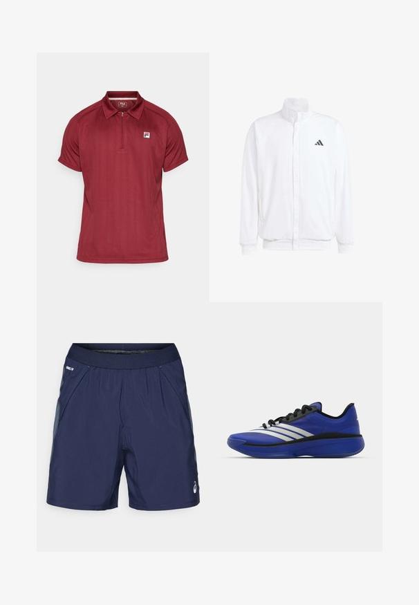 Valge kerge jakk, millel on seisev krae, ees lukuga kinnitus, küljetaskud ja must Adidas logo vasakul rinnal. Pehme tekstuur.; Fila HARRY - Polosärk - cabernet; Tumedat sinised spordilühikesed püksid elastse vöökohtaga, küljetaskud ja heledashallid aktsendid. Valmistatud kergest ja siledast kangast mugavuse tagamiseks.; adidas Performance ADIZERO SELECT 3.0 - Korvpallijalatsid - lucid blue/core black/metallic