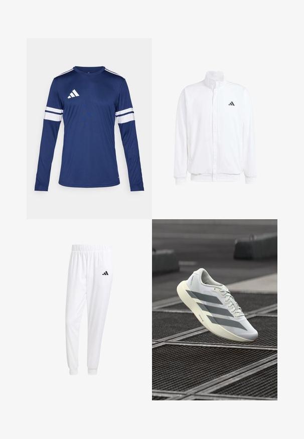 Biela ľahká bunda so stojáčikovým golierom, predným zipsom, bočnými vreckami a čiernym logom Adidas na ľavej hrudi. Mäkčená štruktúra.; Dlhý rukáv športového trička v tmavomodrom látku. Obsahuje biele pruhy na rukávoch a tri biele pruhy na pleci. Logo Adidas na hrudi.; Biele športové nohavice z hladkej tkaniny, s elastickým pásom a priliehavými manžetami, s čiernym logom na zadnej vrecku.; Biela športová obuv s textúrovaným sieťovinovým zvrškom, s šedými pruhmi a vankúšovou podrážkou. Ľahký dizajn vhodný na beh.