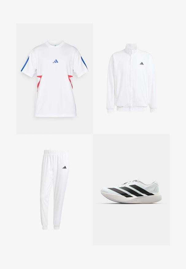 Biela ľahká bunda so stojáčikovým golierom, predným zipsom, bočnými vreckami a čiernym logom Adidas na ľavej hrudi. Mäkčená štruktúra.; Biely športový dres z ľahkého sieťového materiálu, s modrými akcentmi na rukávoch a červenými trojuholníkovými dizajnmi po stranách. Zobrazené logo Adidas.; Biele športové nohavice z hladkej tkaniny, s elastickým pásom a priliehavými manžetami, s čiernym logom na zadnej vrecku.; Ľahké bežecké topánky v svetlomodrej farbe s čiernymi pruhmi. Majú hladký zvršok, okrúle špičky a hrubú bielu medzipodrážku označenú "LIGHTSTRIKE PRO."