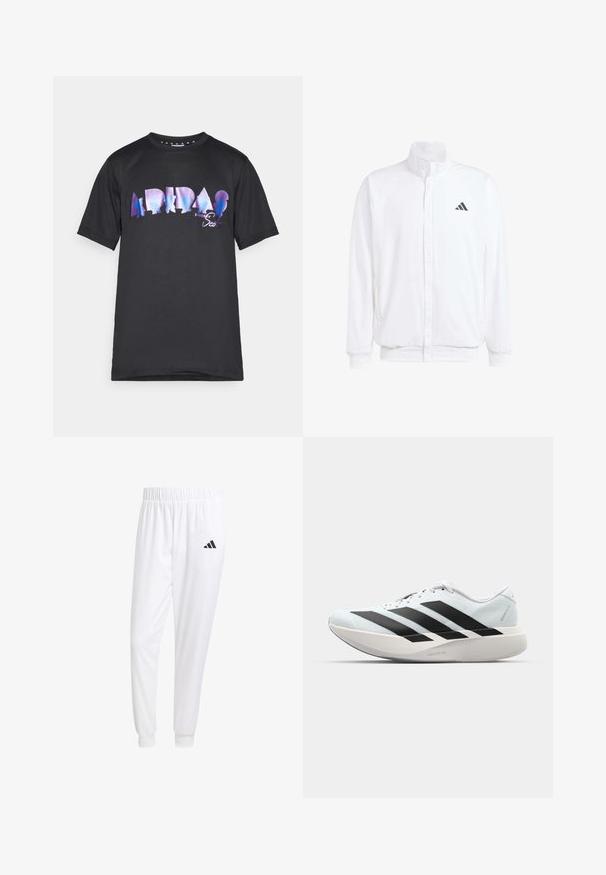 Casaco leve branco com colarinho alto, fecho frontal com zipper, bolsos laterais e um logótipo preto da Adidas no peito esquerdo. Textura suave.; T-shirt preta com uma grande estampa gráfica multicolorida com o texto "ADIDAS" e silhuetas. Com mangas curtas e design de decote redondo.; Calças esportivas brancas feitas de tecido suave, com uma cintura elástica e punhos ajustados, apresentando um logo preto no bolso de trás.; Tênis de corrida leves em azul pálido com riscas pretas. Apresentam um cabedal liso, bico redondo e uma entressola espessa branca rotulada como "LIGHTSTRIKE PRO."