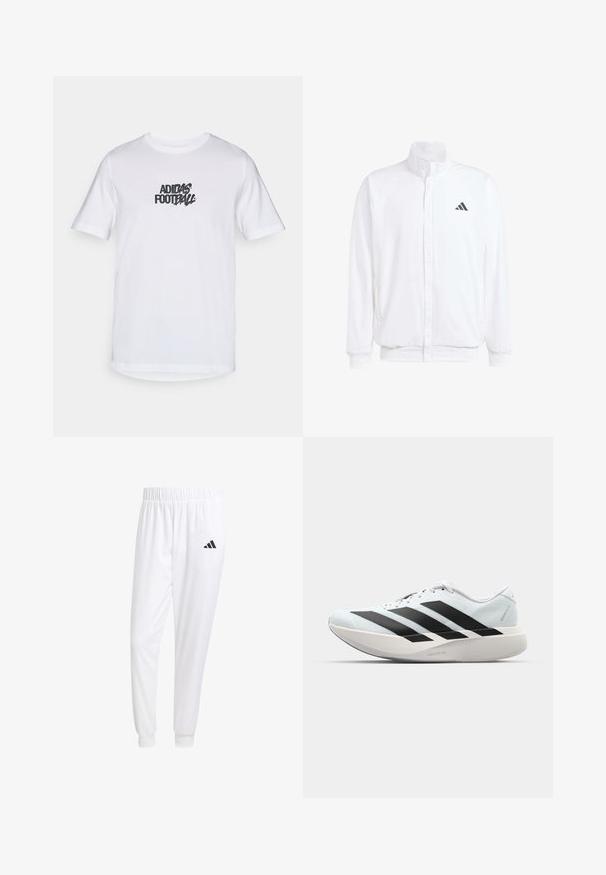 Valge kerge jakk, millel on seisev krae, ees lukuga kinnitus, küljetaskud ja must Adidas logo vasakul rinnal. Pehme tekstuur.; Valge puuvillane t-särk lühikeste varrukatega, mille esiküljel on must Adidas Football graafika. Tavaline ümmargune kaelus.; Valged sportpüksid, mis on valmistatud siledast kangast, omavad elastset vöökohta ja kitsaid mansette, tagakoti peal on must logo.; Kerged jooksujalatsid helesinises värvuses mustade triipudega. Omavad siledat pealispinda, ümarat varvase osa ja paksu valget vahemõõtu, millel on silt "LIGHTSTRIKE PRO".