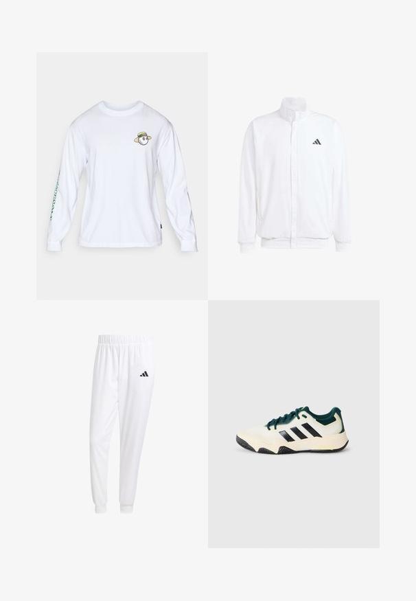 Λευκό ελαφρύ μπουφάν με όρθιο γιακά, φερμουάρ μπροστά, πλαϊνές τσέπες και μαύρο λογότυπο Adidas στο αριστερό στήθος. Μαλακή υφή.; Λευκό μπλουζάκι μακρυμάνικο από βαμβάκι με στρογγυλή λαιμόκοψη, με έναν καρτουνίστικο χαρακτήρα που φοράει καπέλο από φυσικό υλικό στο στήθος και πράσινο κείμενο κατά μήκος του μανικιού.; Λευκά αθλητικά παντελόνια από λείο ύφασμα, με ελαστική μέση και εφαρμοστά μανίκια, που διαθέτουν ένα μαύρο λογότυπο στην πίσω τσέπη.; Λευκό και σκούρο πράσινο αθλητικό παπούτσι με μαύρες ρίγες, υφασμάτινη σόλα και κορδόνια στο μπροστινό μέρος, πάνω σε απλό ανοιχτό γκρι φόντο.