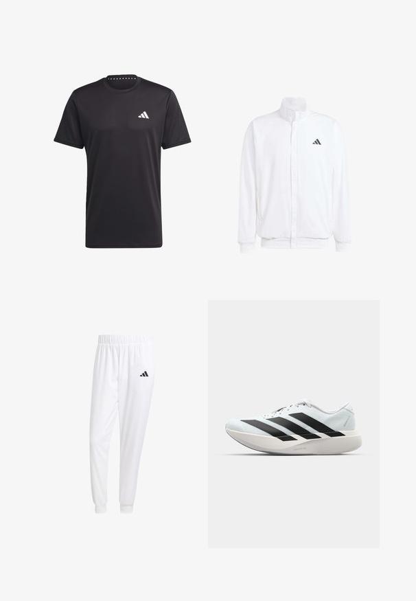 Fehér, könnyű dzseki, álló gallérral, elülső cipzáros záródással, oldalsó zsebekkel és fekete Adidas logóval a bal mellen. Puha tapintású.; Fekete sportpóló lélegző anyagból, kerek nyakkivágással, rövid ujjakkal és fehér logóval a mellkason. Texturált kialakítás.; Fehér sportnadrág sima anyagból, rugalmas derékpánttal és szűkített bokákkal, a hátsó zsebében fekete logóval.; Világoskék, fekete csíkos könnyű futószerek. Simább felső résszel, kerek orral és vastag fehér középtalppal, amelyen a "LIGHTSTRIKE PRO" felirat olvasható.
