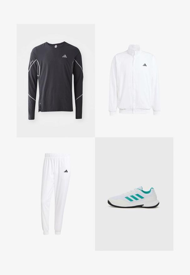 Hvid letvægtsjakke med en ståkrave, frontlynlås, sidelommer og et sort Adidas-logo på venstre bryst. Blød tekstur.; adidas Performance TEE - Langærmet T-shirt - black; Hvide sportsbukser lavet af glat stof, med elastisk talje og tætsiddende manchetter, og med et sort logo på baglommen.; Hvid træningssko med turkise accenter, mesh-overdel, tre parallelle striber på siden, struktureret hæl og en sort gummisål.