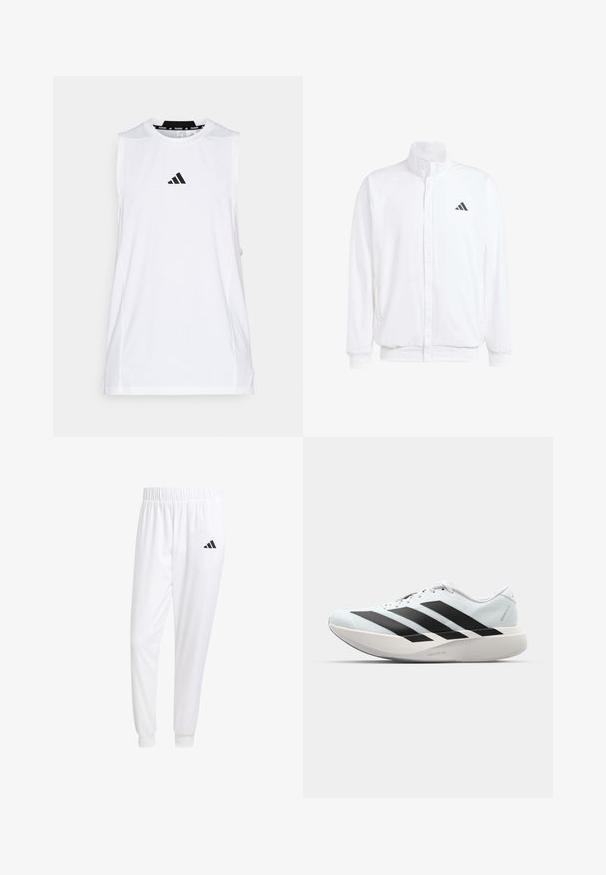 White lightweight jacket featuring a stand collar, front zipper closure, side pockets, and a black Adidas logo on the left chest. Soft texture.; adidas Performance TANK - Top - white; White athletic pants made of smooth fabric, featuring an elastic waistband and fitted cuffs, with a black logo on the back pocket.; Lightweight running shoes in pale blue with black stripes. Features a smooth upper, round toe, and thick white midsole labeled "LIGHTSTRIKE PRO."