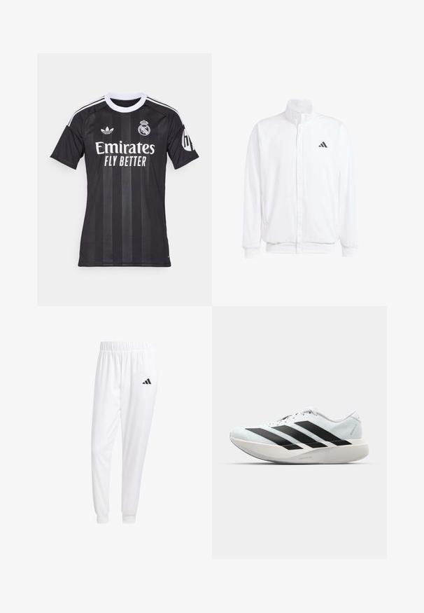 Balta lengva striukė su stovinčiu apykaklės, priekyje užtrauktuku, šoninėmis kišenėmis ir juodu Adidas logotipu kairėje krūtinės pusėje. Minkšta tekstūra.; Juoda Real Madrid futbolo marškinėliai su baltu apykakle, Adidas ir komandos logotipais, Emirates Fly Better rėmėjo tekstu ir HP logotipu ant rankovės.; Balti sportiniai keliaraiščiai, pagaminti iš lygios medžiagos, su elastinga liemene ir priglundančiais rankogaliais, ant galinio kišenės yra juodas logotipas.; Lengvi bėgimo batai šviesiai mėlynos spalvos su juodomis juostelėmis. Yra lygus viršus, apvalus pirštas ir storas baltas vidpadis su užrašu "LIGHTSTRIKE PRO."