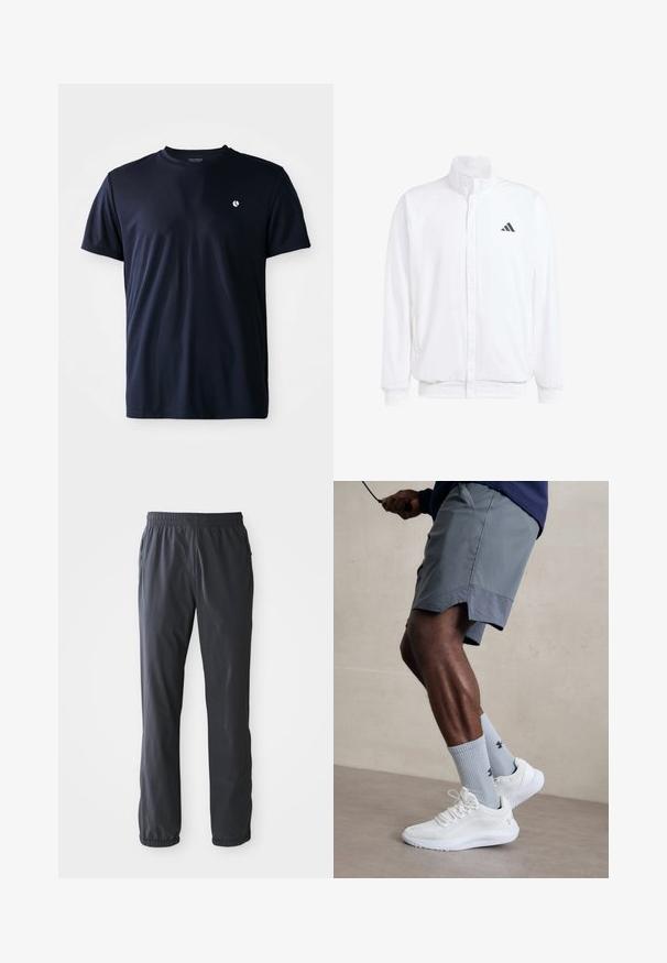 Balts viegls jaciņš ar stāvo apkakli, priekšējo rāvējslēdzēju, sānu kabatām un melnu Adidas logo kreisajā krūtī. Mīksta tekstūra.; Tumši zila īsām piedurknēm sporta T-krekls ar mazu balto logotipu kreisajā krūtī un apaļu kakla izgriezumu.; Vīriešu tumši pelēki viegli bikses ar elastīgu jostasvietu un potīšu aizdari, priekšējie kabatas ar rāvējslēdzējiem, izklātas uz baltas fona.; Baltas sporta apavu pāris ar strukturētu acs virsu, apvienots ar gaiši zilo riboto zeķu pāri, kurā ir zīmols. Pelēki sporta šorti ar perforētu apdari.