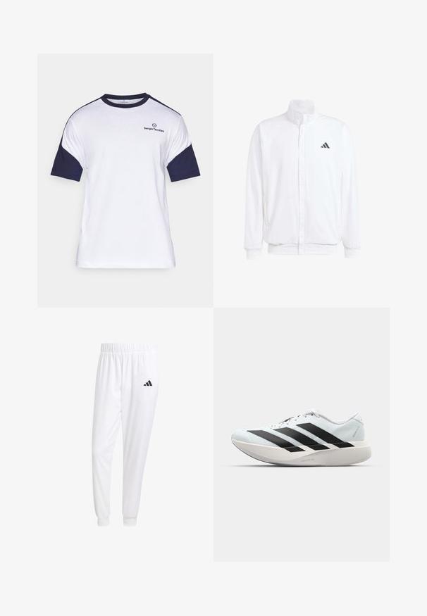 Bílá lehká bunda s stojatým límcem, předním zipem, bočními kapsami a černým logem Adidas na levé hrudi. Měkká textura.; Bílý bavlněný tričko s námořnickými modrými krátkými rukávy, s kulatým výstřihem a malým logem na hrudi. Měkká textura, ležérní design.; Bílé sportovní kalhoty vyrobené z hladkého materiálu, s elastickým pasem a přiléhavými manžetami, s černým logem na zadní kapse.; Lehké běžecké boty v světle modré barvě s černými pruhy. Mají hladký svršek, kulatou špičku a silnou bílou mezipodešev označenou "LIGHTSTRIKE PRO."