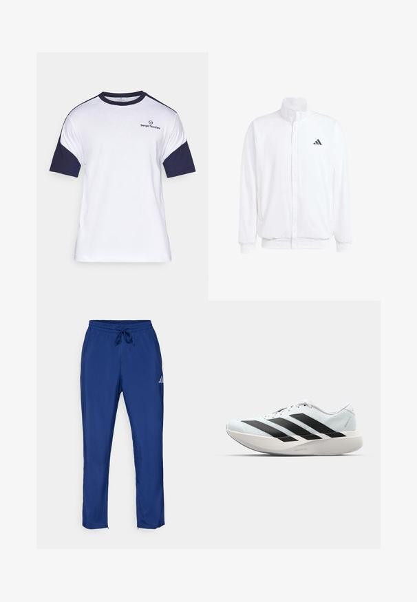 Balts viegls jaciņš ar stāvo apkakli, priekšējo rāvējslēdzēju, sānu kabatām un melnu Adidas logo kreisajā krūtī. Mīksta tekstūra.; Balta kokvilnas T-krekls ar tumši zilu īso piedurkņu, ar apaļu kaklu un mazu logo uz krūšu daļas. Mīksta tekstūra, ikdienišķs dizains.; Tumši zili sporta bikses ar elastīgu jostu un šnīrēm. Tām ir diskrēts logo sānos un rāvējslēdzēja atvērumi pie potītēm.; Gaiši zili vieglie skriešanas apavi ar melniem svītrainiem. Iezīmēti ar gludu augšpusi, apaļu purngalu un biezāko balto vidējo zoli, kurā ir uzraksts "LIGHTSTRIKE PRO."