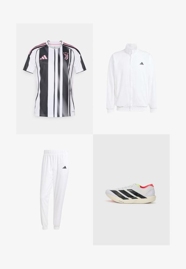 Jachetă albă ușoară, cu guler în picioare, închidere cu fermoar în față, buzunare laterale și un logo Adidas negru pe pieptul stâng. Textură moale.; Tricou de fotbal Juventus cu dungi verticale alb-negru, accente roz pe mâneci și logo, fabricat dintr-un material ușor și respirabil.; Pantaloni sport albi dintr-un material neted, cu un brâu elastic și mansete ajustate, având un logo negru pe buzunarul din spate.; Adidași albi pentru alergare cu dungi negre, accente verzi neon și toc roșu. Prezintă un design ușor și o talpă texturată pentru aderență.