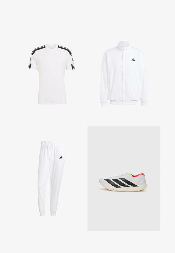 Bílá lehká bunda s stojatým límcem, předním zipem, bočními kapsami a černým logem Adidas na levé hrudi. Měkká textura.; Bílý sportovní tričko s černými pruhy na ramenou, vyrobené z prodyšného materiálu. Krátké rukávy a kruhový výstřih.; Bílé sportovní kalhoty vyrobené z hladkého materiálu, s elastickým pasem a přiléhavými manžetami, s černým logem na zadní kapse.; Bílé běžecké boty s černými pruhy, neonově zelenými akcenty a červenou patou. Mají lehký design a texturovanou podrážku pro lepší přilnavost.