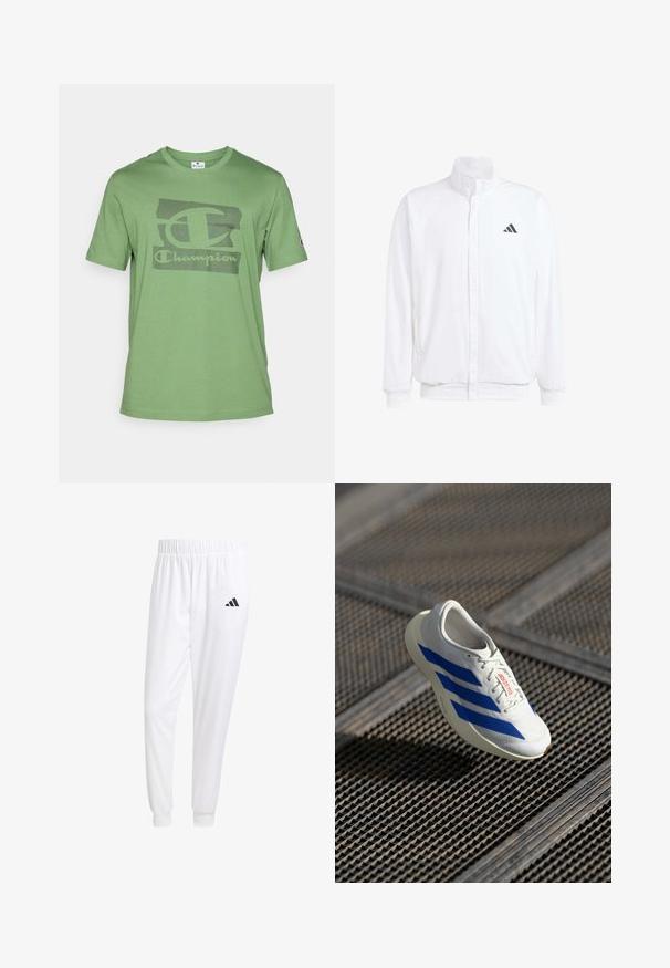 Valge kerge jakk, millel on seisev krae, ees lukuga kinnitus, küljetaskud ja must Adidas logo vasakul rinnal. Pehme tekstuur.; Roheline puuvillane T-särk lühikeste varrukatega, mille esiküljel on tekstuuritud must Championi logo ja ümar kaelus.; Valged sportpüksid, mis on valmistatud siledast kangast, omavad elastset vöökohta ja kitsaid mansette, tagakoti peal on must logo.; Valge sportlik toss, millel on sinised triibud, kerge disain, võrgust ülemine osa, lipsuga sulgemine ja tekstureeritud kummist tald, hõljuv ruudustikul.