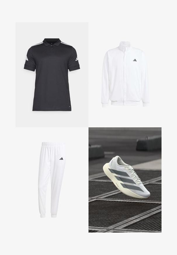 Bela lahka jakna s stojčnim ovratnikom, sprednjim zadrgo, stranskimi žepi in črnimi Adidasovimi logotipi na levem prsnem delu. Mehak material.; Črna polo majica s klasičnim ovratnikom, zapenjanjem na tri gumbe, kratkimi rokavi in belimi črtami na ramenih. Narejena iz zračnega materiala.; Bele atletske hlače iz gladkega materiala, z elastičnim pasom in prilagojenimi manšetami, na zadnjem žepu pa je črna logo.; Bela športna obutev z zgornjim delom iz teksturirane mrežice, opremljena s sivimi črtami in podloženim podplatom. Lahka zasnova, primerna za tek.
