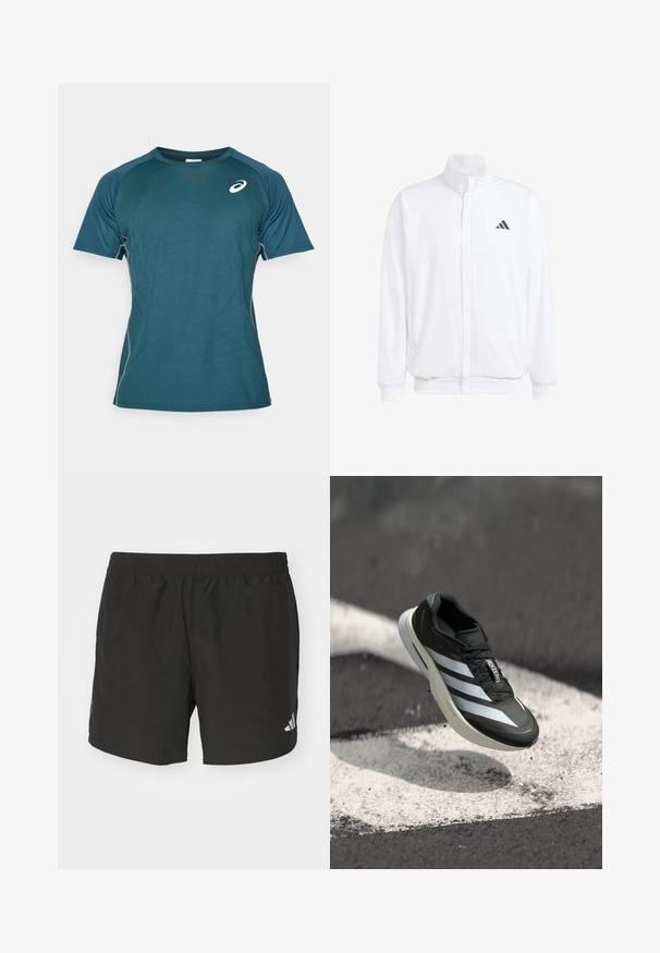 Chaqueta ligera blanca con cuello alzado, cierre frontal con cremallera, bolsillos laterales y un logo negro de Adidas en el lado izquierdo del pecho. Textura suave.; Camiseta deportiva de manga corta en azul verdoso oscuro con un patrón geométrico texturizado, con escote redondo y detalles de costura en contraste.; Pantalones cortos deportivos negros con cintura elástica, aberturas laterales y acentos de logo reflectantes. Hechos de una tela liviana y suave.; Zapato deportivo negro con tres franjas blancas, parte superior texturizada, diseño elegante y suela curvada, posicionado sobre una línea blanca en el asfalto.