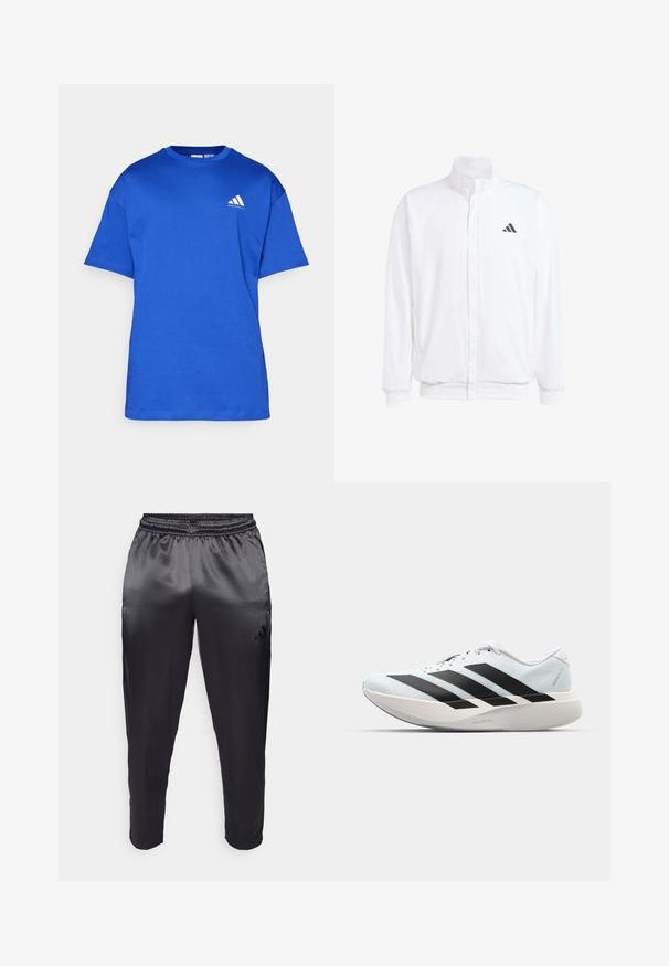 Fehér, könnyű dzseki, álló gallérral, elülső cipzáros záródással, oldalsó zsebekkel és fekete Adidas logóval a bal mellen. Puha tapintású.; Rövid ujjú kék pamut póló, kerek nyakkal és fehér kiegészítő logóval a bal mellrészen. Sima tapintás, normál fazon.; Fekete sportnadrág sima, könnyű anyagból, rugalmas derékpánttal. Bal oldalon egy kis logó található, lábszárai pedig tapered fazonúak.; Világoskék, fekete csíkos könnyű futószerek. Simább felső résszel, kerek orral és vastag fehér középtalppal, amelyen a "LIGHTSTRIKE PRO" felirat olvasható.