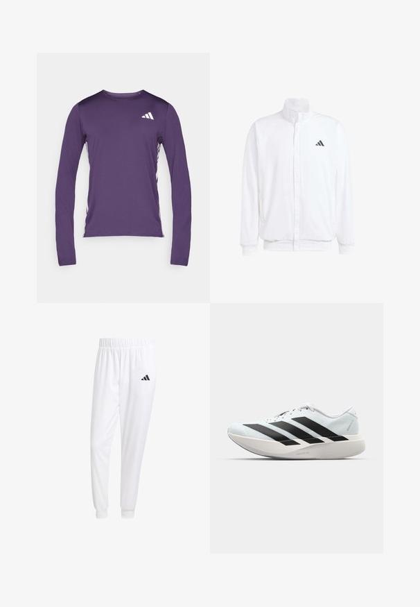 Casaco leve branco com colarinho alto, fecho frontal com zipper, bolsos laterais e um logótipo preto da Adidas no peito esquerdo. Textura suave.; Camisola atlética de manga comprida em roxo, com gola redonda, tecido texturizado e detalhes de logótipo branco no peito superior esquerdo e nas laterais.; Calças esportivas brancas feitas de tecido suave, com uma cintura elástica e punhos ajustados, apresentando um logo preto no bolso de trás.; Tênis de corrida leves em azul pálido com riscas pretas. Apresentam um cabedal liso, bico redondo e uma entressola espessa branca rotulada como "LIGHTSTRIKE PRO."