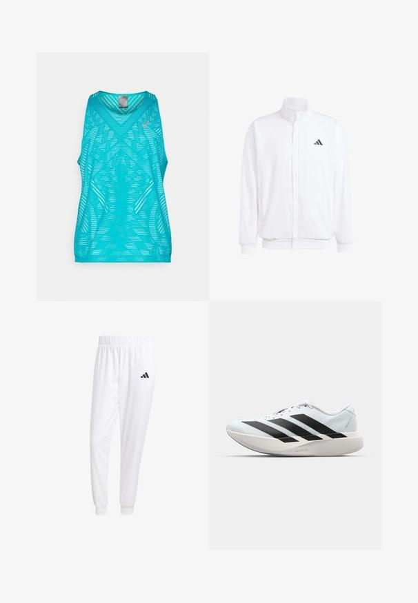 Vit lättviktsjacka med ståkrage, framdragkedja, sidofickor och en svart Adidas-logotyp på vänster bröst. Mjuk textur.; Lätt turkos linne med v-ringning, med ett strukturerat mönster av perforeringar och en kontrasterande logodetalj.; Vita atletiska byxor gjorda av slät tyg, med resårmidja och åtsittande manschetter, samt en svart logotyp på bakfickan.; Lätta löparskor i ljusblått med svarta ränder. Har en slät ovandel, rund tå och tjock vit mellansula märkt "LIGHTSTRIKE PRO."