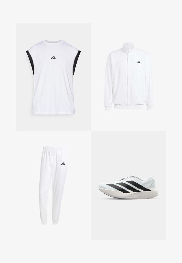 Valge kerge jakk, millel on seisev krae, ees lukuga kinnitus, küljetaskud ja must Adidas logo vasakul rinnal. Pehme tekstuur.; Valge sportlik tank top mustade õlaaktsentidega. Omab ümarat kaelust ning väikest musta logo ees. Sile kangas.; Valged sportpüksid, mis on valmistatud siledast kangast, omavad elastset vöökohta ja kitsaid mansette, tagakoti peal on must logo.; Kerged jooksujalatsid helesinises värvuses mustade triipudega. Omavad siledat pealispinda, ümarat varvase osa ja paksu valget vahemõõtu, millel on silt "LIGHTSTRIKE PRO".