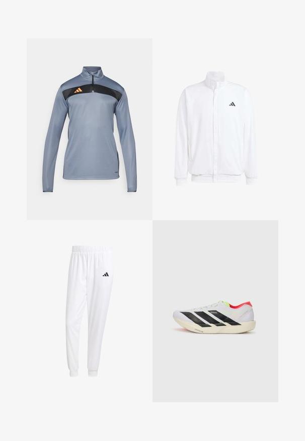 White lightweight jacket featuring a stand collar, front zipper closure, side pockets, and a black Adidas logo on the left chest. Soft texture.; Gray athletic pullover with a half-zip, black panel across the chest, and orange striped logo. Smooth texture and long sleeves.; White athletic pants made of smooth fabric, featuring an elastic waistband and fitted cuffs, with a black logo on the back pocket.; White running shoe with black stripes, neon green accents, and a red heel. Features a lightweight design and textured sole for grip.