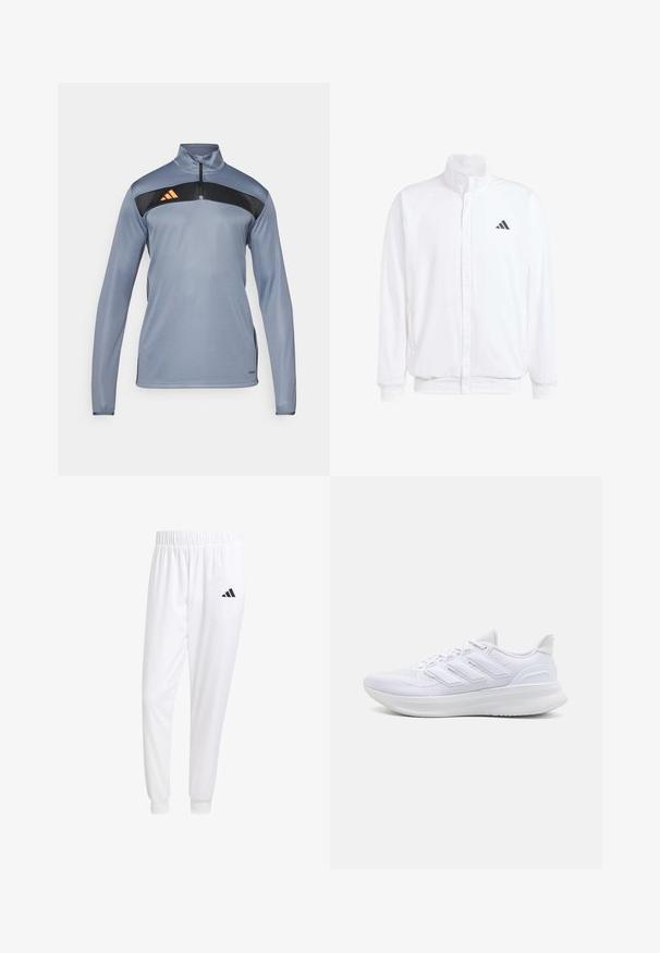 White lightweight jacket featuring a stand collar, front zipper closure, side pockets, and a black Adidas logo on the left chest. Soft texture.; Gray athletic pullover with a half-zip, black panel across the chest, and orange striped logo. Smooth texture and long sleeves.; White athletic pants made of smooth fabric, featuring an elastic waistband and fitted cuffs, with a black logo on the back pocket.; White athletic shoes featuring a textured mesh upper, supportive cushioned sole, and three stripe design on the side.