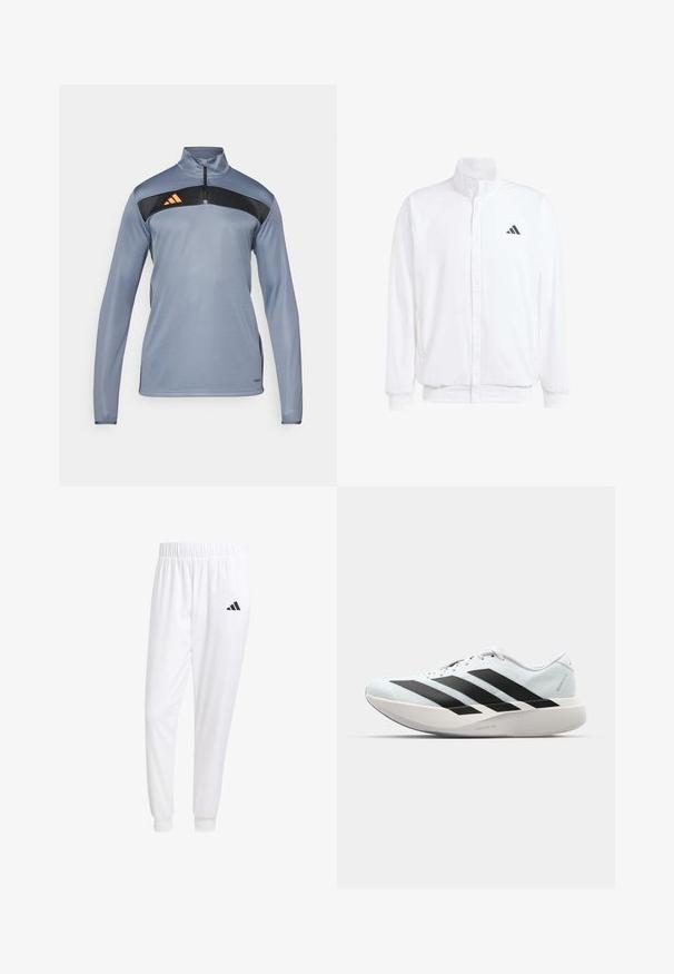 Bílá lehká bunda s stojatým límcem, předním zipem, bočními kapsami a černým logem Adidas na levé hrudi. Měkká textura.; Šedý sportovní pulovr s půlzipem, černý panel přes hrudník a oranžový pruhovaný logo. Hladký materiál a dlouhé rukávy.; Bílé sportovní kalhoty vyrobené z hladkého materiálu, s elastickým pasem a přiléhavými manžetami, s černým logem na zadní kapse.; Lehké běžecké boty v světle modré barvě s černými pruhy. Mají hladký svršek, kulatou špičku a silnou bílou mezipodešev označenou "LIGHTSTRIKE PRO."