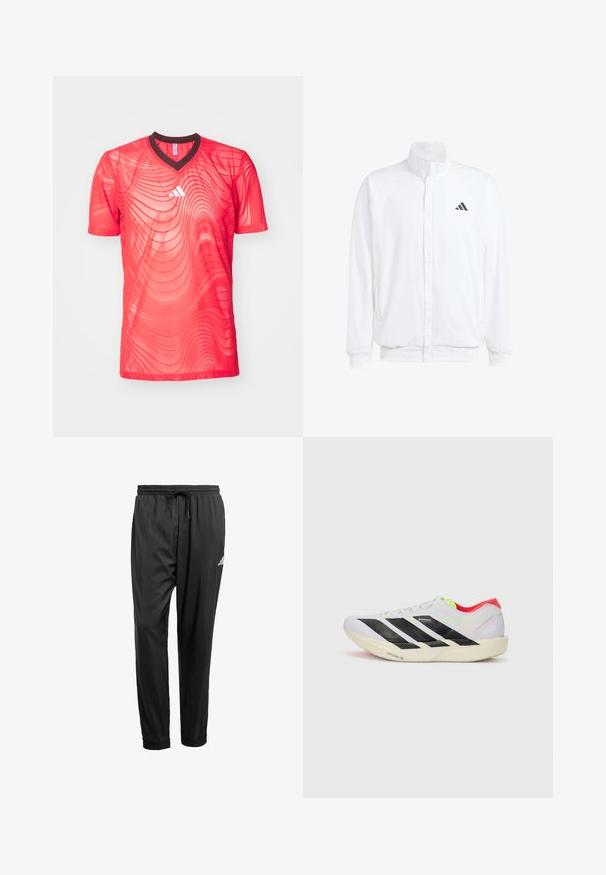 Balts viegls jaciņš ar stāvo apkakli, priekšējo rāvējslēdzēju, sānu kabatām un melnu Adidas logo kreisajā krūtī. Mīksta tekstūra.; Sarkans sporta krekls ar V-veida kakla izgriezumu, kura virsma ir ar teksturētu rakstu un kontrastējošu tumšu kakla daļu. Izgatavots no viegla auduma sietiņš.; Melni sporta bikses ar elastīgu jostasvietu, auklu, piedurknēm un mazu baltu logo labajā augšstilbā.; Balti skrienamie apavi ar melnām svītrām, neona zaļiem akcentiem un sarkanu papēdi. Izceļas ar vieglu dizainu un teksturētu zoli, kas nodrošina labu saķeri.