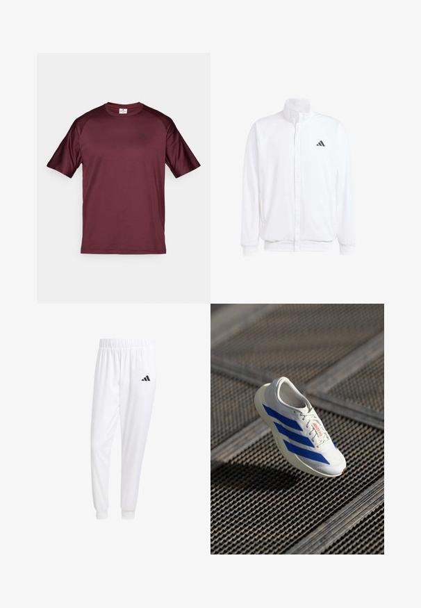 Jachetă albă ușoară, cu guler în picioare, închidere cu fermoar în față, buzunare laterale și un logo Adidas negru pe pieptul stâng. Textură moale.; Tricou sportiv burgundy cu mâneci scurte, de tip crew neck, având un mic logo negru pe piept. Fabricat dintr-un material neted și ușor.; Pantaloni sport albi dintr-un material neted, cu un brâu elastic și mansete ajustate, având un logo negru pe buzunarul din spate.; Adidași albi cu dungi albastre, design ușor, plasă superioară, închidere cu șireturi și talpă texturată din cauciuc, plutind deasupra unei suprafețe cu rețea.