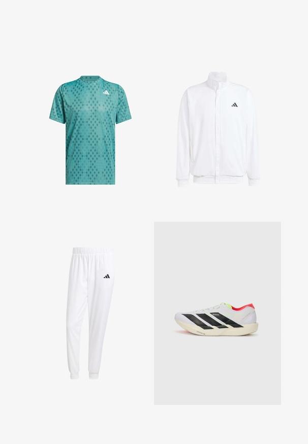 Hvid letvægtsjakke med en ståkrave, frontlynlås, sidelommer og et sort Adidas-logo på venstre bryst. Blød tekstur.; Teal atletisk t-shirt lavet af åndbart stof med diamantmønster; rund hals; korte ærmer; accentlogo på brystet.; Hvide sportsbukser lavet af glat stof, med elastisk talje og tætsiddende manchetter, og med et sort logo på baglommen.; Hvid løbesko med sorte striber, neon grønne detaljer og en rød hæl. Har et let design og en struktureret sål for bedre greb.