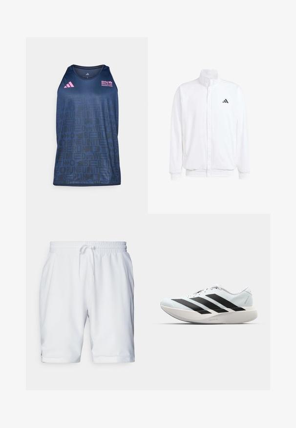 Hvid letvægtsjakke med en ståkrave, frontlynlås, sidelommer og et sort Adidas-logo på venstre bryst. Blød tekstur.; adidas Performance BER25 TANK - Top - collegiate navy; Hvide sportsshorts med elastisk talje og justerbar snor. Glat stof med en diskret tekstur, der har sidelommer.; Letvægtige løbesko i lys blå med sorte striber. Har en glat overdel, rund tå og tyk hvid mellemsål mærket "LIGHTSTRIKE PRO."